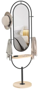 HOMCOM Oglindă de tip stand ovală cu suport de lemn, 4 cârlige și cadru metalic, 50 x 40 x 175,5 cm, negru | Aosom Romania