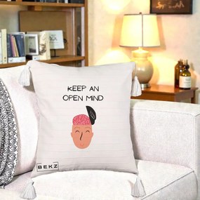 Perna Decorativa Keep An Open Mind, 40x40 cm, Bej cu Franjuri, Husa Detasabila, Perna Inclusa, BEKZ®