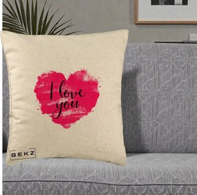 Cadou Romantic - Perna Personalizata I Love You Inima Roz, 40x40 cm, Bej, Husa Detasabila, Perna Inclusa, BEKZ®
