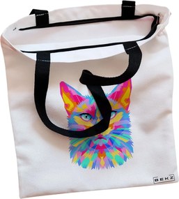Sacosa de Panza pentru Cumparaturi, Geanta Tote, model Colorful Geometric Cat, Cu fermoar, 38x34.5 cm, Alba, BEKZ®