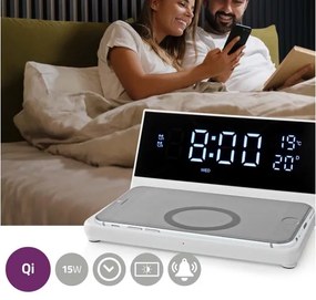 Nedis WCACQ20WT - Ceas cu alarmă, ecran LCD și încărcător wireless 15W/5V alb