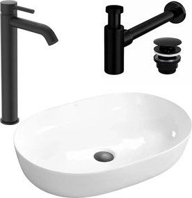 Pachet lavoar pe blat Rea Cleo alb 61 cm, baterie lavoar Ideal Standard Ceraline negru si ventil lavoar Click-Clack negru