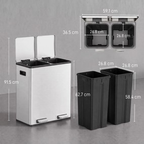 HOMCOM Coș de gunoi pentru bucătărie 2 x 30 L, cu pedală, din oțel inoxidabil, cu recipiente detașabile și închidere lentă, argintiu | Aosom Romania