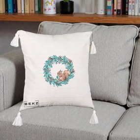 Perna Decorativa Coroana Turcoaz cu Veverita, 40x40 cm, Bej cu Franjuri, Husa Detasabila, Perna Inclusa, BEKZ®