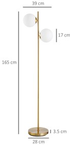 HOMCOM Lampă de Podea cu 2 Lumini și Abajururi Sferice, Lampă de Podea cu Comutator de Picior, Soclu E27, 39x28x165 cm, Aur | Aosom Romania