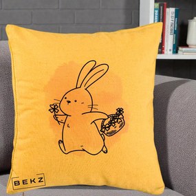 Perna Decorativa Iepuras Kawaii cu Cosulet Floral, 40x40 cm, Galben, Husa Detasabila, Perna Inclusa, BEKZ®