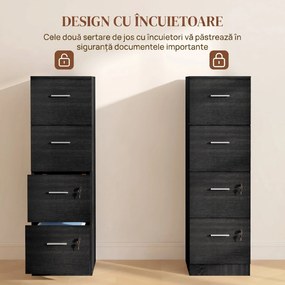 HOMCOM Dulap de Birou cu 4 Sertare, 2 Încuietori și Bare pentru Dosare Suspendate, cu Aspect de Lemn, 40x42x130,8 cm, Negru | Aosom Romania