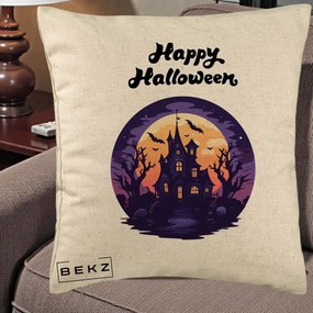 Perna Decorativa Happy Halloween Casa Bantuita Violet, 40x40 cm, Bej, Husa Detasabila, Perna Inclusa, BEKZ®
