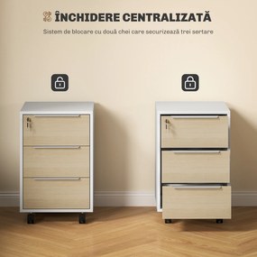 HOMCOM Dulap de Birou cu 3 Sertare, 4 Roți, Comodă de Birou cu Sistem de Blocare și 2 Chei pentru Documente Format A4, Dulap Vertical pentru Studiu, 40x40x63.5 cm, Alb și Stejar | Aosom Romania