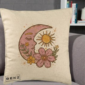 Perna Personalizata Luna si Soare Floral Boho, 40x40 cm, Bej, Husa Detasabila, Perna Inclusa, BEKZ®