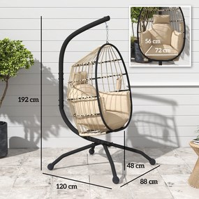 Outsunny Fotoliu Suspendat Tip Ou cu Lanț Reglabil, 2 Perne Detașabile și Suport pentru Pahare, Scaun Balansoar Pliabil pentru Grădină, Bază în X din Oțel, pentru Interior și Exterior, 120x88x192 cm, Bej | Aosom Romania
