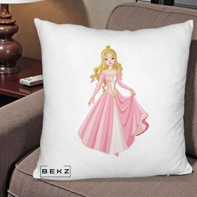 Perna Decorativa Printesa Aurora Rochie Roz, 40x40 cm, Alb Pufos, Husa Detasabila, Perna Inclusa, BEKZ®