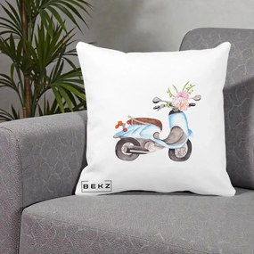 Perna Decorativa Scuter Albastru cu Flori Acuarela, 40x40 cm, Alba Mata, Husa Detasabila, Perna Inclusa, BEKZ®