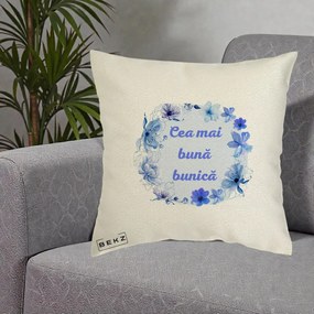Cadou pentru Bunica - Perna Personalizata Cea Mai Buna Bunica Coronita Flori Albastre Acuarela, 40x40 cm, Ecru, Husa Detasabila, Perna Inclusa, BEKZ®