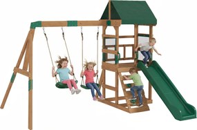 AIYAPLAY Turn de joacă Cadru de cățărat Lemn Cadru de leagăn cu tobogan 2 leagăne Perete de cățărat pentru 3-8 ani 315x284x233 cm Verde | Aosom Romania