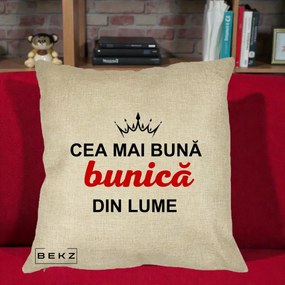 Cadou pentru Bunica - Perna Personalizata Cea Mai Buna Bunica Din Lume Coroana Neagra, 40x40 cm, Crem, Husa Detasabila, Perna Inclusa, BEKZ®