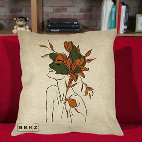 Perna Decorativa Portret Feminin Crin Auriu, 40x40 cm, Crem, Husa Detasabila, Perna Inclusa, BEKZ®