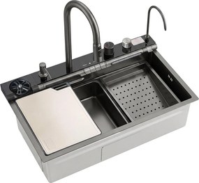 Statie de lucru multifunctionala Rea Alonzo inox finisaj negru metalizat 75x46 cm cu sistem filtrare apa