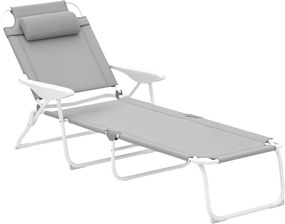 Outsunny Șezlong pliabil pentru grădină cu pernă pentru cap, fotoliu cu spătar reglabil în 4 trepte până la 120 kg, gri deschis | Aosom Romania