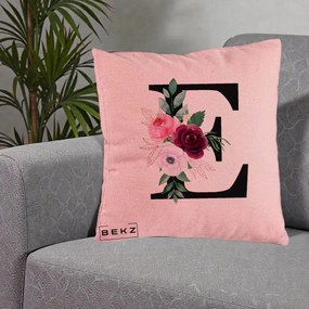 Cadou Personalizat - Perna Personalizata Monograma Florala Litera E, 40x40 cm, Roz, Husa Detasabila, Perna Inclusa, BEKZ®