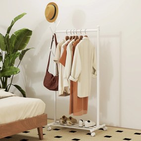 HOMCOM Cuier de Podea cu Roți, Stand de Haine cu 5 Cârlige și Raft Inferior pentru Încălțăminte, pentru Cameră, Intrare și Coridor, Alb | Aosom Romania