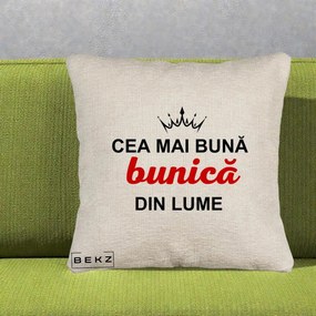Cadou pentru Bunica - Perna Personalizata Cea Mai Buna Bunica Din Lume Coroana Neagra, 40x40 cm, Bej Canapea, Husa Detasabila, Perna Inclusa, BEKZ®
