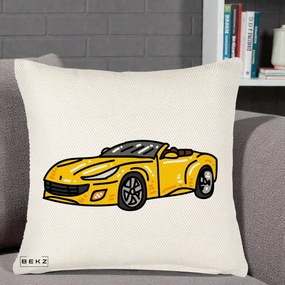 Perna Personalizata Masina Cabriolet Galbena Grafic, 40x40 cm, Crem Reliefat, Husa Detasabila, Perna Inclusa, BEKZ®