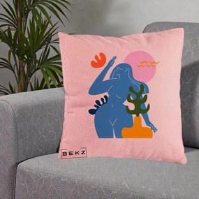 Perna Decorativa Femeie Albastra Cactus, 40x40 cm, Roz, Husa Detasabila, Perna Inclusa, BEKZ®