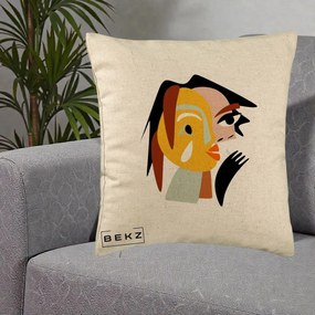 Perna Decorativa Portret Abstract Galben-Ocru, 40x40 cm, Bej, Husa Detasabila, Perna Inclusa, BEKZ®