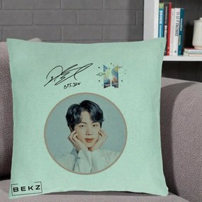 Perna Personalizata K-pop BTS Jin Portret cu Autograf, 40x40 cm, Verde Menta, Husa Detasabila, Perna Inclusa, BEKZ®