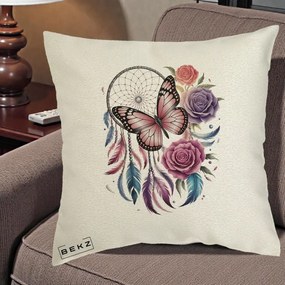 Perna Personalizata Prinzator de Vise cu Fluture si Trandafiri, 40x40 cm, Ecru, Husa Detasabila, Perna Inclusa, BEKZ®