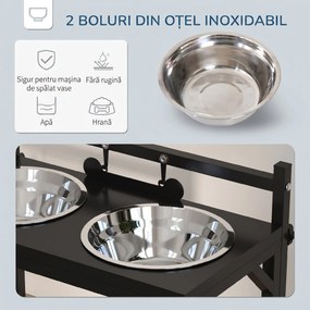 PawHut Boluri pentru Câini cu Înălțime Reglabilă și Plăcuță de Identificare, 2 Boluri din Oțel pentru Apă și Mâncare, 40.5x22x39 cm, Negru