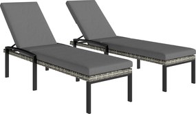 Outsunny Set de 2 șezlonguri Polyrattan, șezlong de grădină cu spătar reglabil în 5 poziții, pernă, până la 120 kg, Gri deschis | Aosom Romania