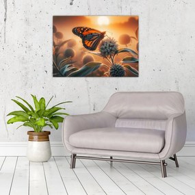 Tablou pe sticlă – Fluture în soare apunând (70x50 cm)