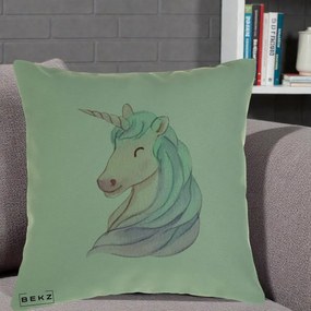 Perna Decorativa Unicorn Acuarela Pastel, 40x40 cm, Verde, Husa Detasabila, Perna Inclusa, BEKZ®