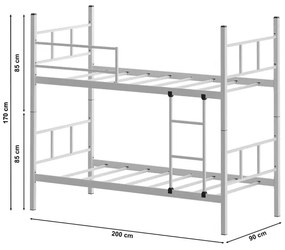 Pat supraetajat metalic MAVEN 90x200 cm, alb, capacitate de încărcare 2 x 100 kg