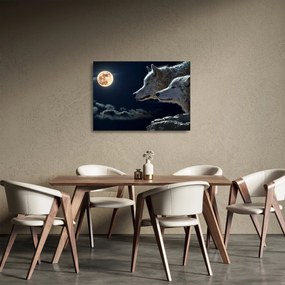 Tablou pe sticlă cu lupi în lună (70x50 cm)