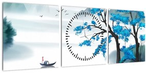 Tablou - Pictură, lac cu barcă (cu ceas) (90x30 cm)