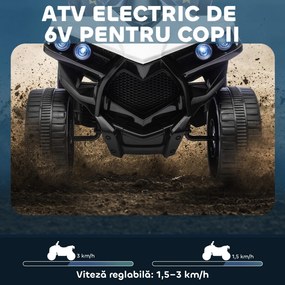 AIYAPLAY ATV Electric pentru Copii 6V, Mașină cu 4 Roți cu Muzică și Faruri LED, pentru Vârste 3-8 Ani, Alb, Negru | Aosom Romania