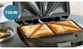 Toaster pentru sandvișuri Philips HD2331/90 Seria 3000, 750 W, Pentru până la 2 felii/4 sandvișuri triunghiulare, Plăci din aluminiu neaderente, Negru