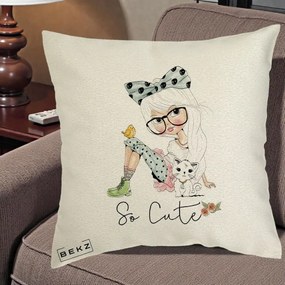 Perna Decorativa So Cute Fata Fashion, 40x40 cm, Ecru, Husa Detasabila, Perna Inclusa, BEKZ®
