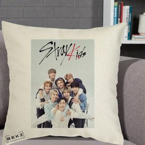 Perna Personalizata K-pop Stray Kids cu Foto Grup Alb-Albastru, 40x40 cm, Ecru, Husa Detasabila, Perna Inclusa, BEKZ®