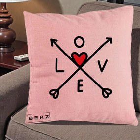 Perna Decorativa Love cu Sageti Incrucisate si Inima Rosie, 40x40 cm, Roz, Husa Detasabila, Perna Inclusa, BEKZ®