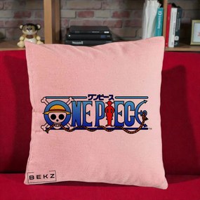 Perna Personalizata One Piece Clasic Albastru, 40x40 cm, Roz, Husa Detasabila, Perna Inclusa, BEKZ®