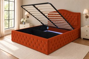 Pat tapițat Chesterfield din catifea Solaria Deluxe Cristal 180×200 cm, cărămiziu, cu ladă de depozitare