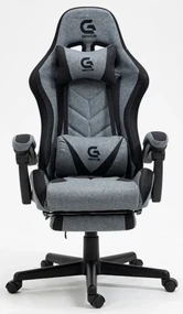 Scaun gaming cu masaj în perna lombară, sistem iluminare bandă LED RGB, suport picioare, material textil, Gri/Negru