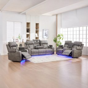 Set canapele dumonde 3+2+1, reclinere electrice, incarcare wireless, USB-C, suport pahare incalzite, lumini LED Selvar
