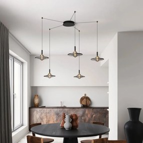 Lustra cu 5 pendule LED alama aurie si sticla fumurie, DIAZ