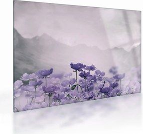 Tablou pe sticlă - Flori mov în munți (70x50 cm)