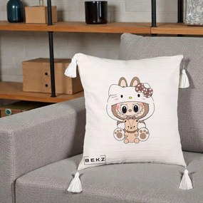 Perna Personalizata Labubu x Hello Kitty Maro-Vintage, 40x40 cm, Bej cu Franjuri, Husa Detasabila, Perna Inclusa, BEKZ®